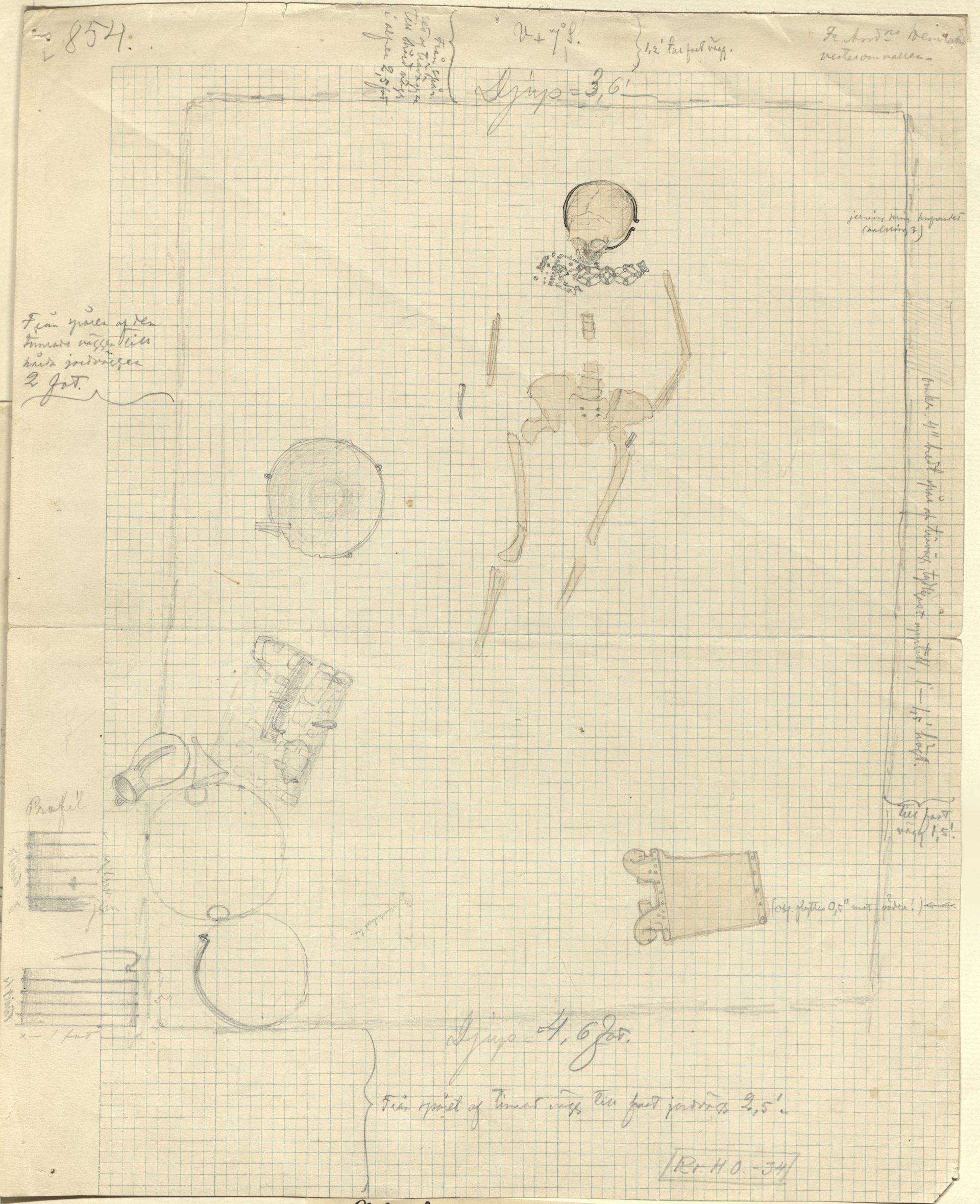 Blyertsteckning på rutat papper som föreställer hur en grav på Birka var organiserad då den hittades