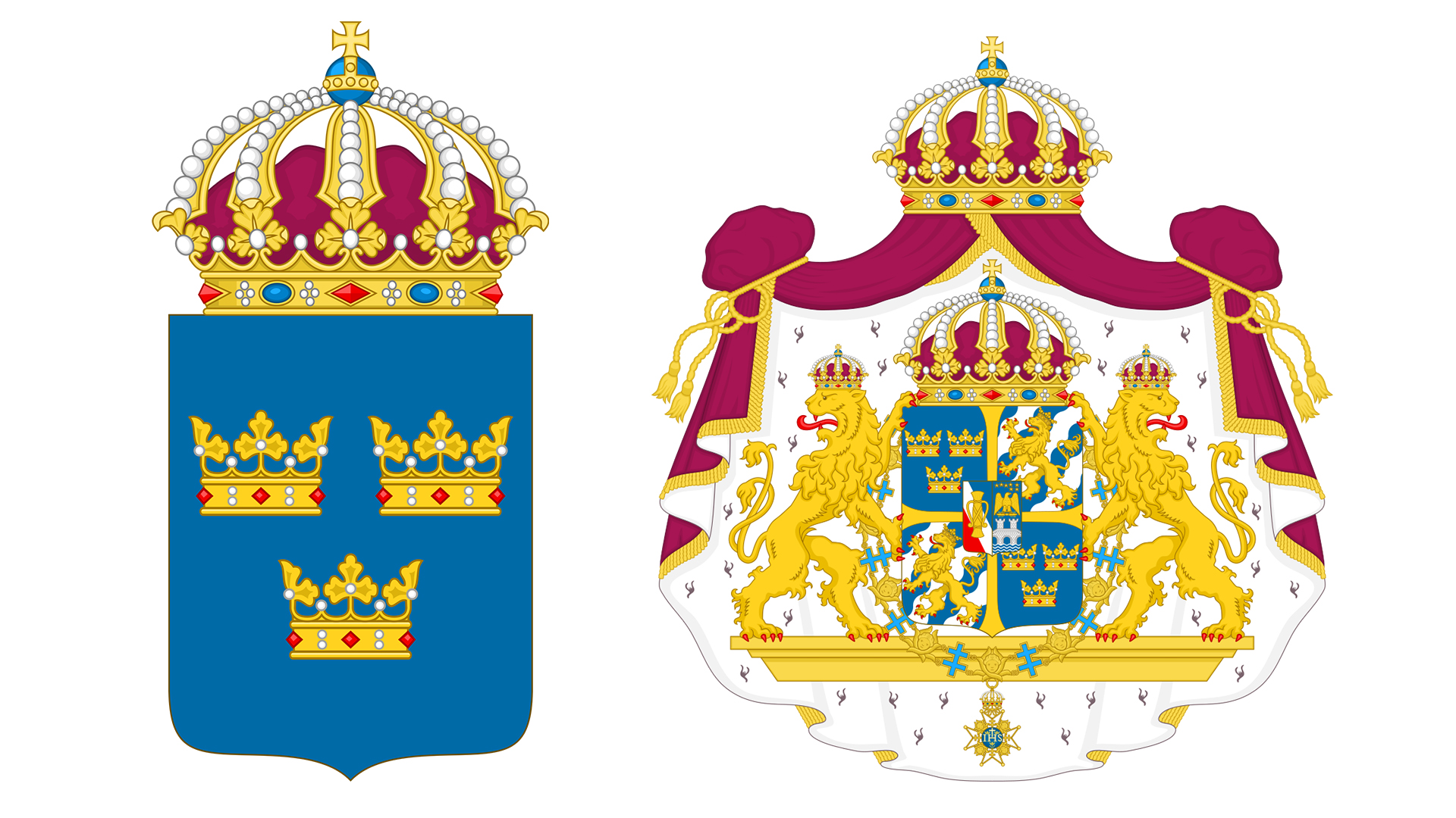 Lilla riksvapnet har tre kronor på blå botten och en stor krona i toppen. Stora riksvapnet innehåller också två lejon och en röd drapering.