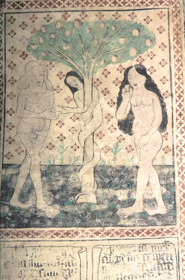 Illustration av tre kvinnor från medeltiden som står runt ett träd