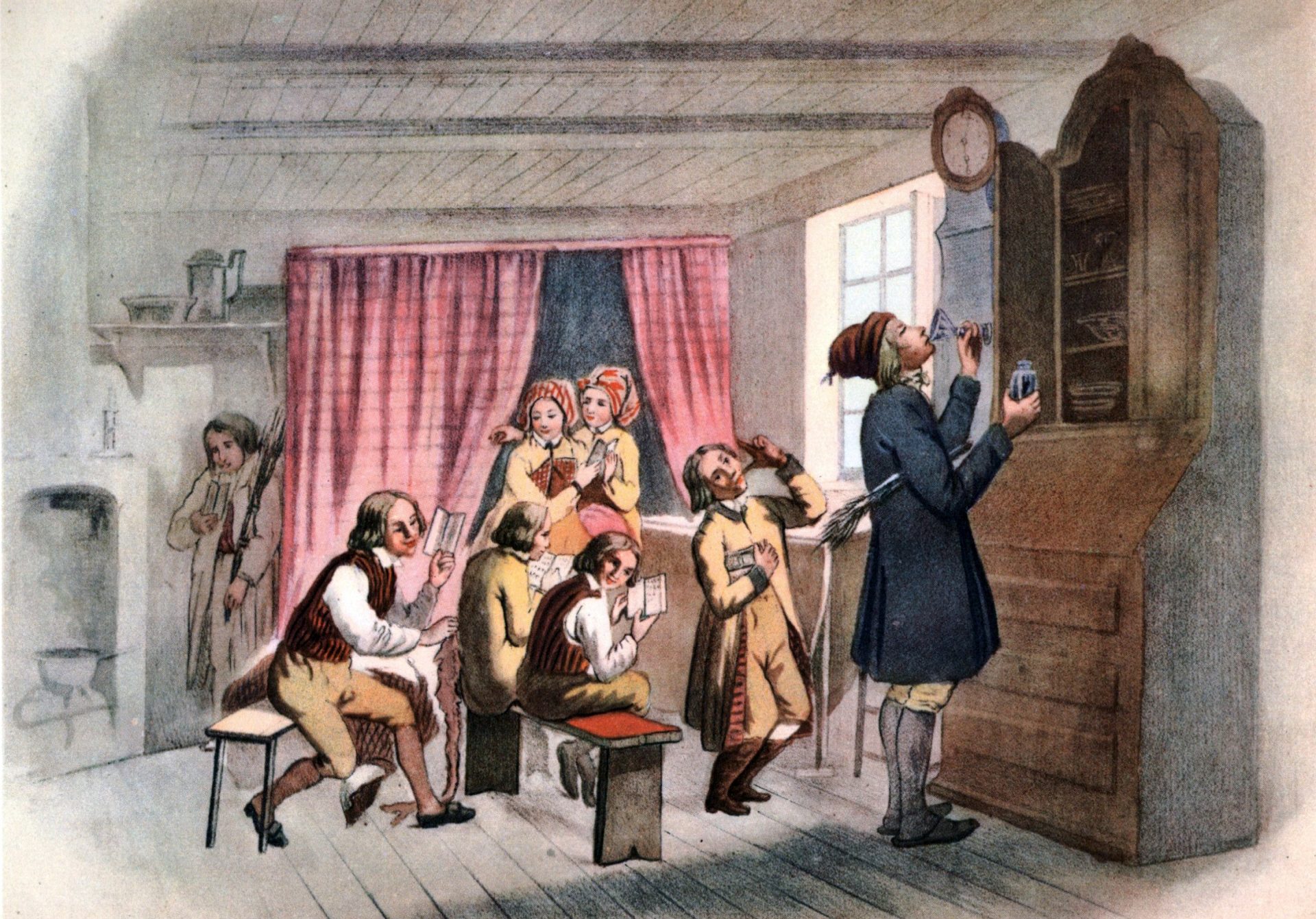 Illustration av skolmiljö på 1800-talet. Barn vid skolbänkar och stående i rummet och en vuxen som står vid ett skåp och dricker.