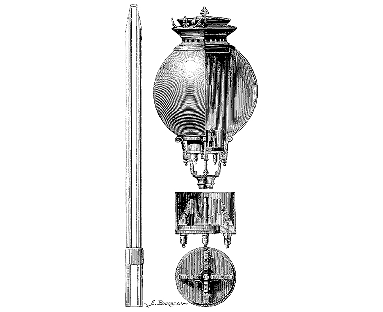 Teckning av en lampa med en rund skärm av glas.