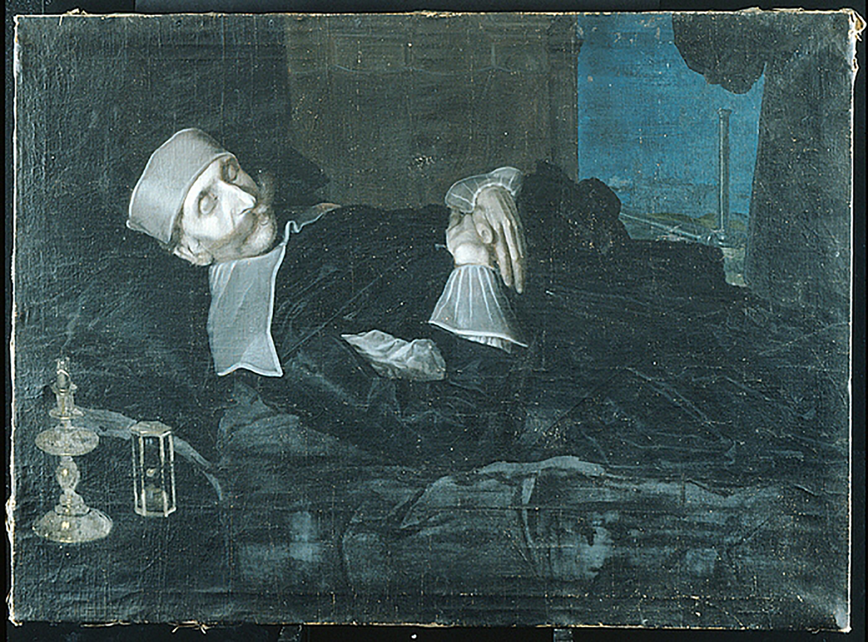EN målning av en död man på en bädd. Bredvid honom står ett timglas och en ljusstake.