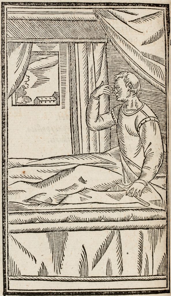 Trätryck som föreställer en man som sitter i en säng och drar med ena handen över ansiktet.