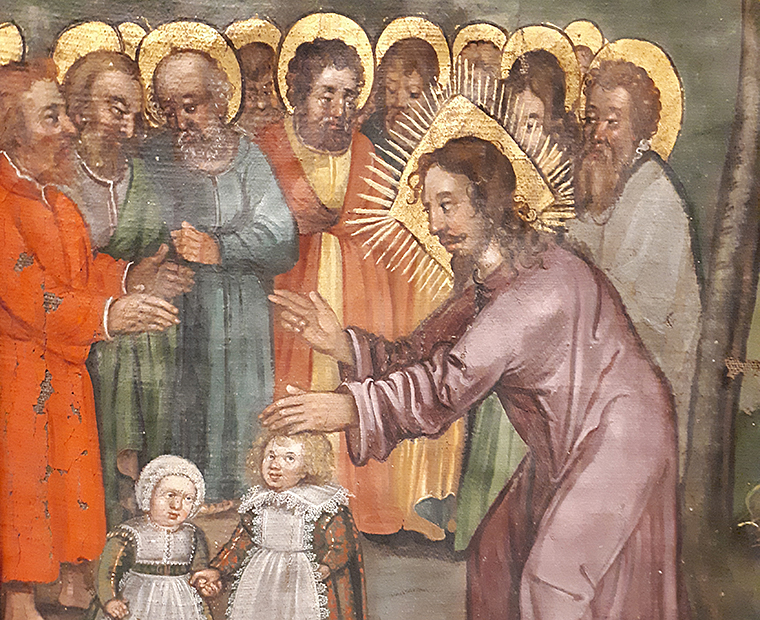 Målning av Jesus som håller sina händer över två barn. Runt omkring står en samling vuxna män.