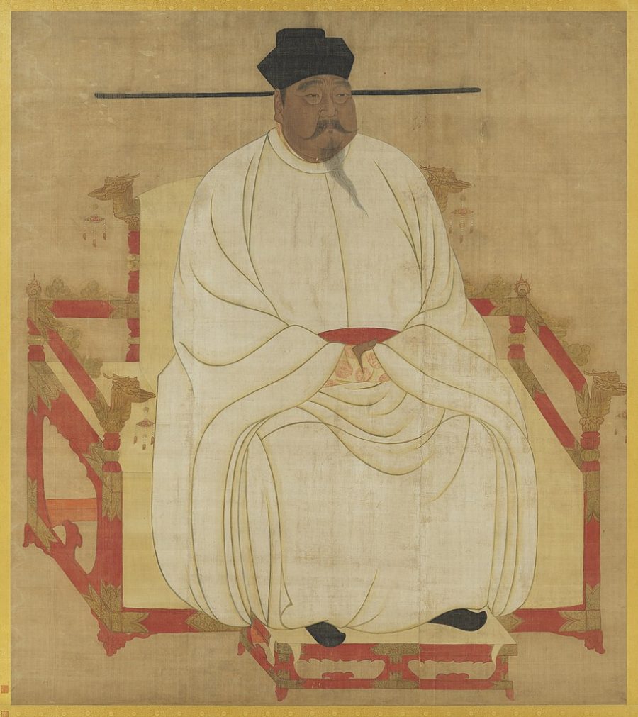 Akvarell föreställande en man i vit dräkt som sitter på en tron.