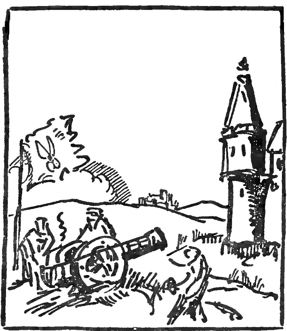 Teckning av tre män med en kanon som skjuter mot ett torn.