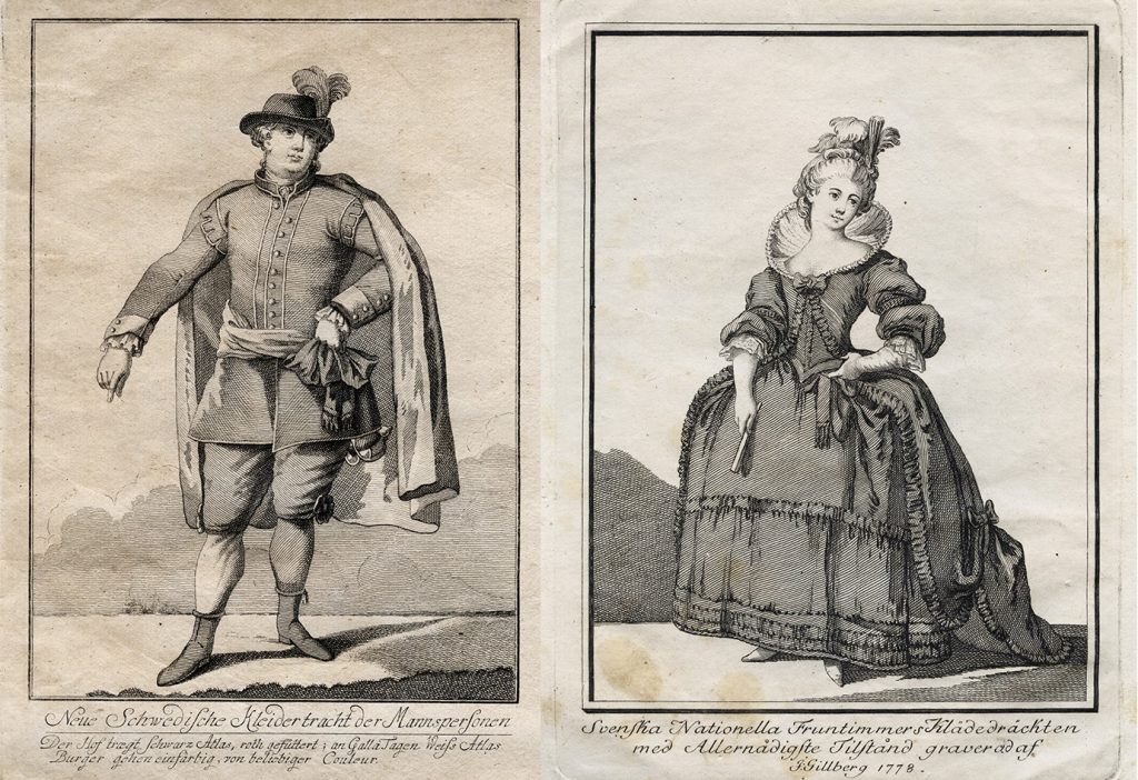Två gravyrer som visar en man och en kvinna klädda i den nationella dräkten.
