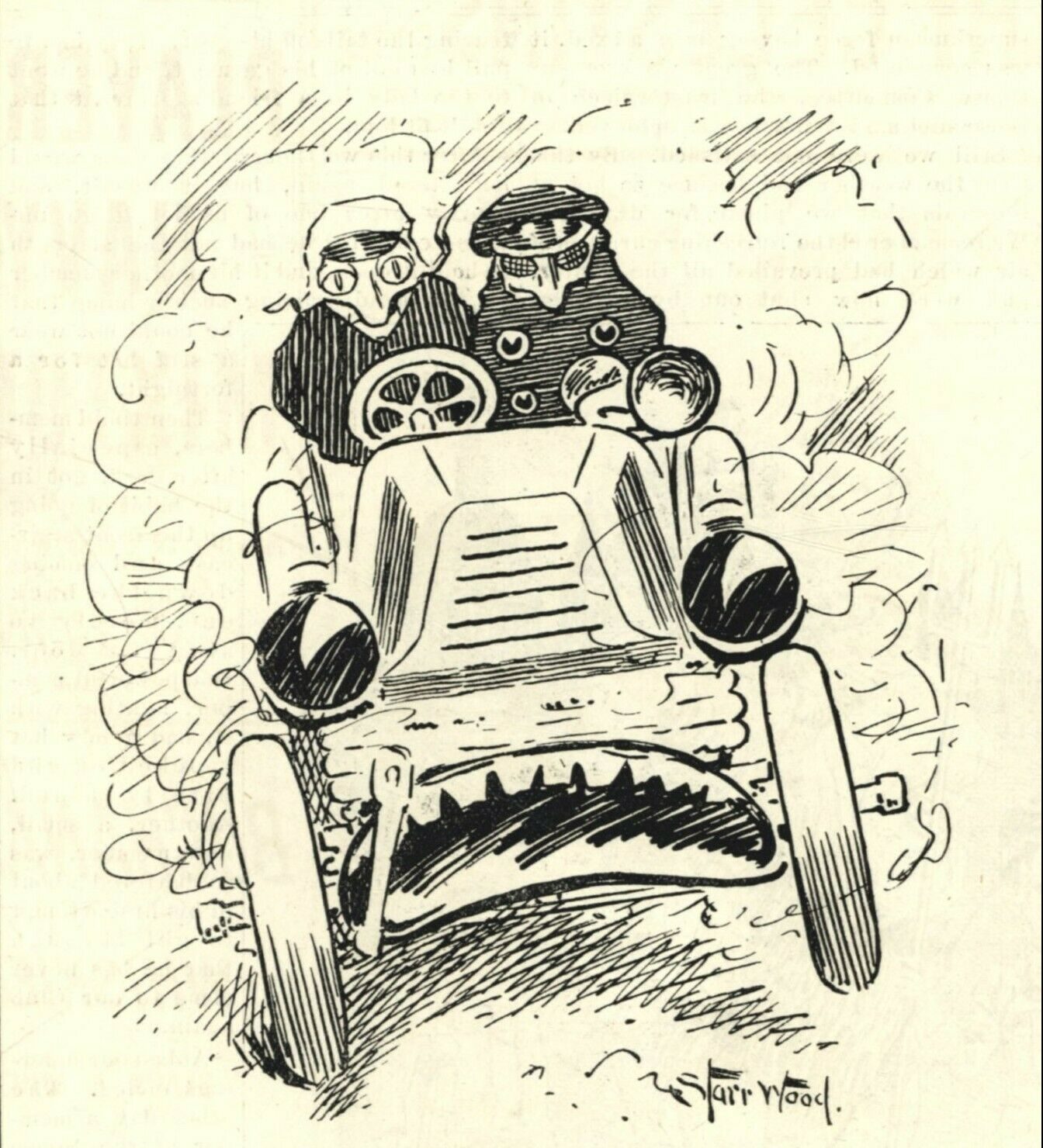 En teckning som visar en bil som ser arg ut med två maskerade personer i framsätet.