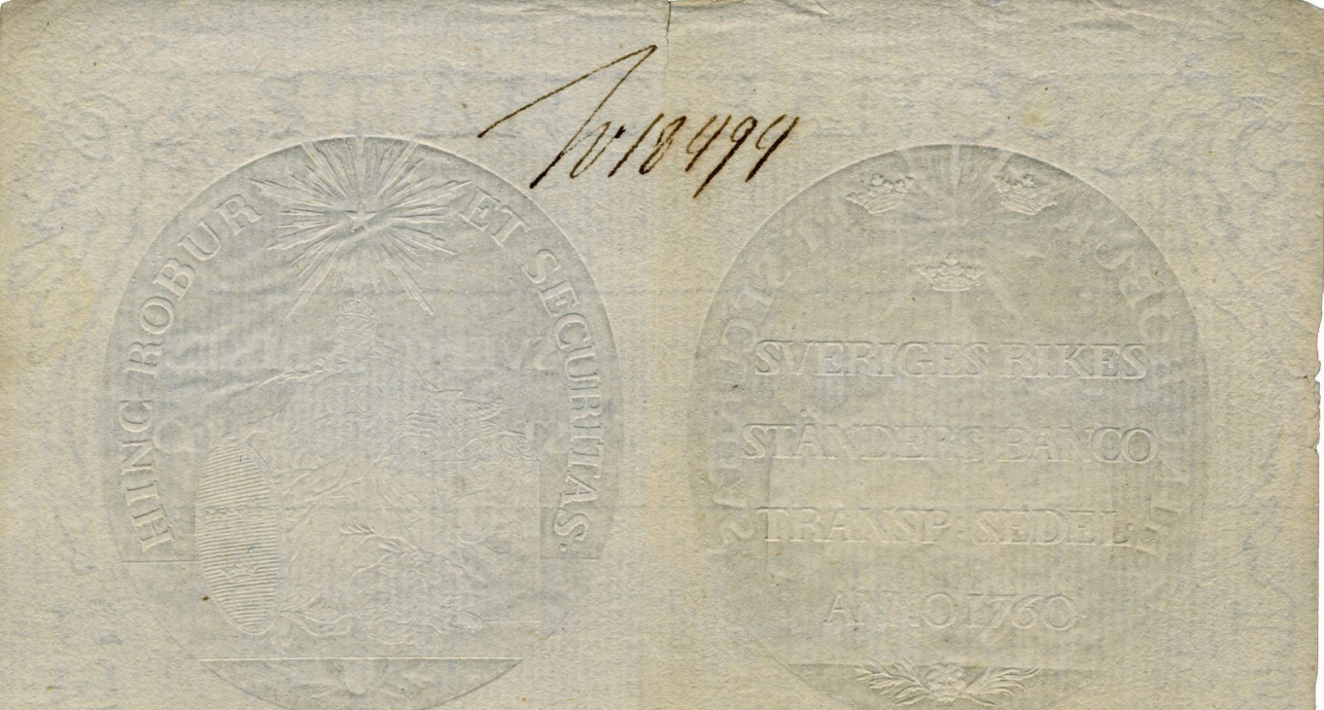 sedelpapper med vattenstämpel, text och årtalet 1760