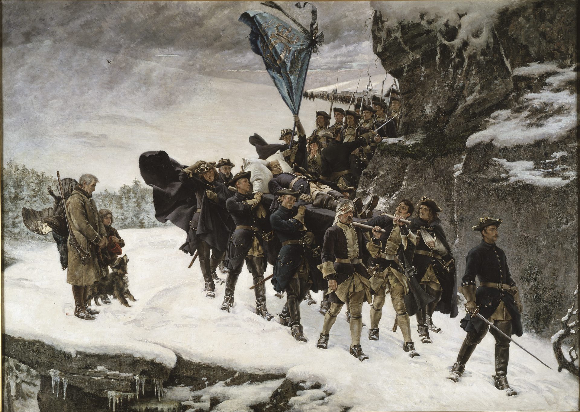 Oljemålning av en lång rad soldater som bär en bår med en död människa i snöstorm.