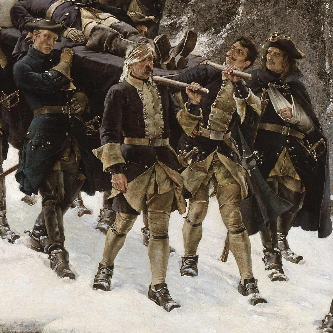 Detalj av målningen som visar soldaterna som bär fotänden av båren.