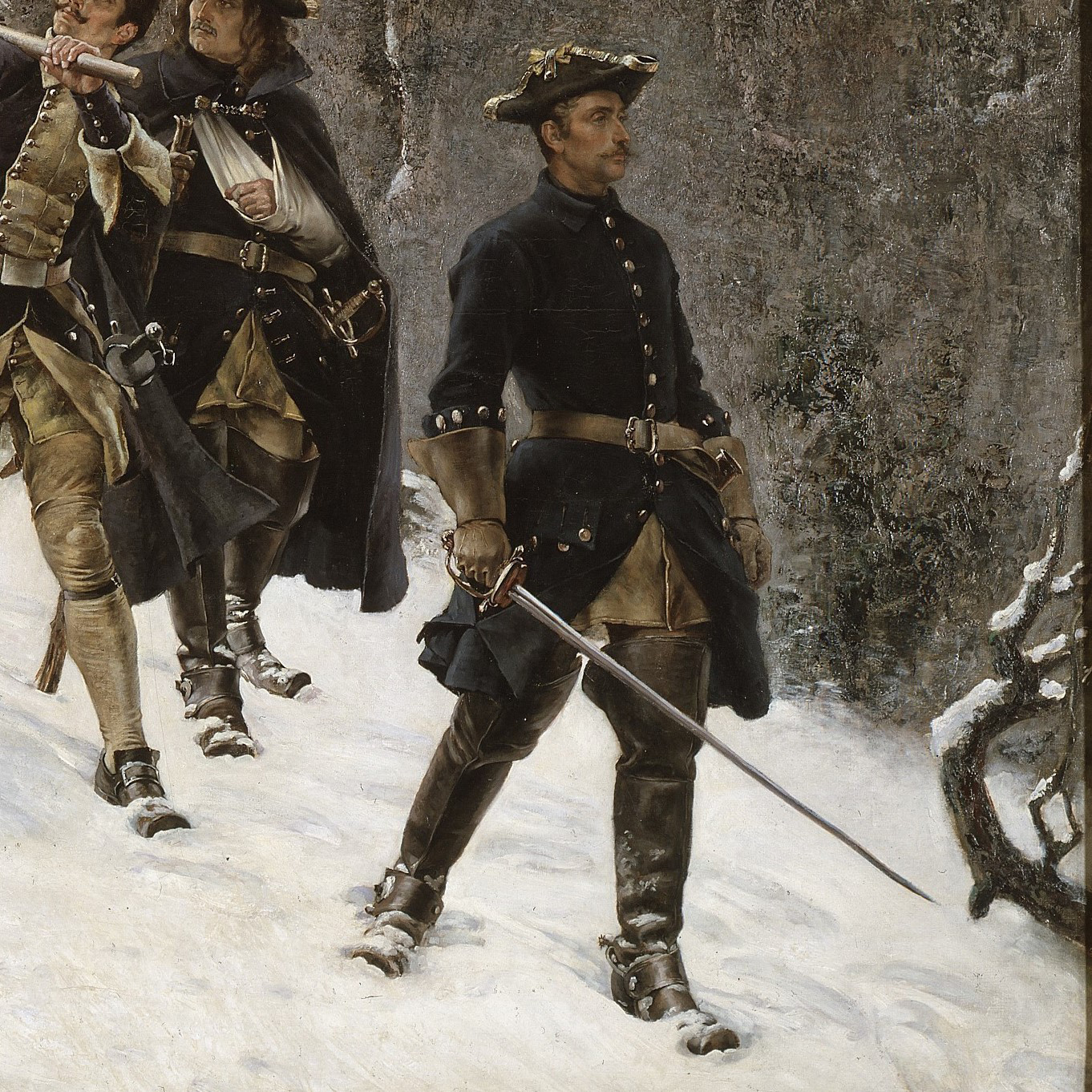 Detalj av målningen som visar soldaten som går längst fram.
