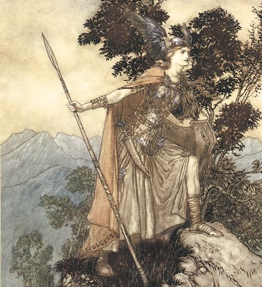 Målning föreställande en kvinna i en slags vikingadräkt med en hjälm som har vingar.