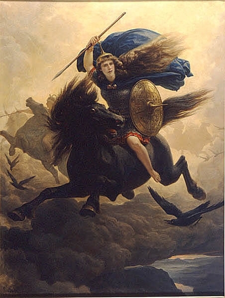 Målning av kvinnlig krigare som stormar fram till häst.