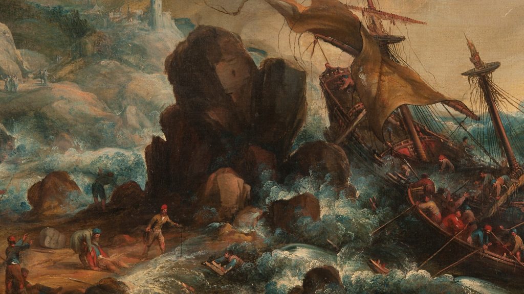 Målning med ett skepp som går under och många män som försöker rädda sig i land.