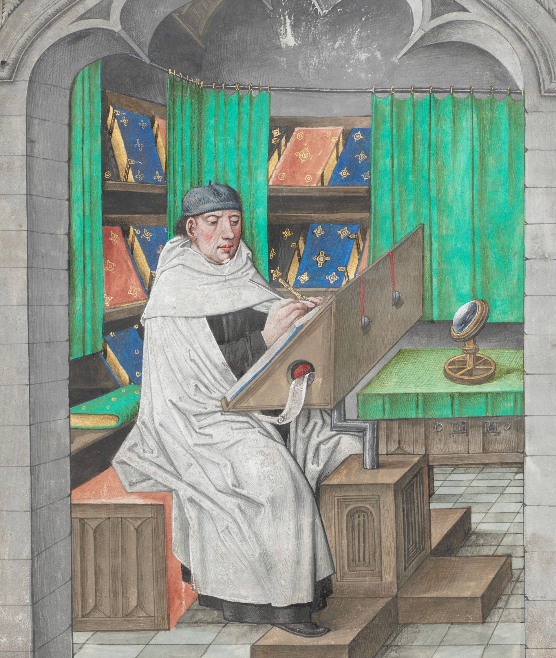 En teckning som föreställer en man som sitter vid en pulpet och skriver för hand.