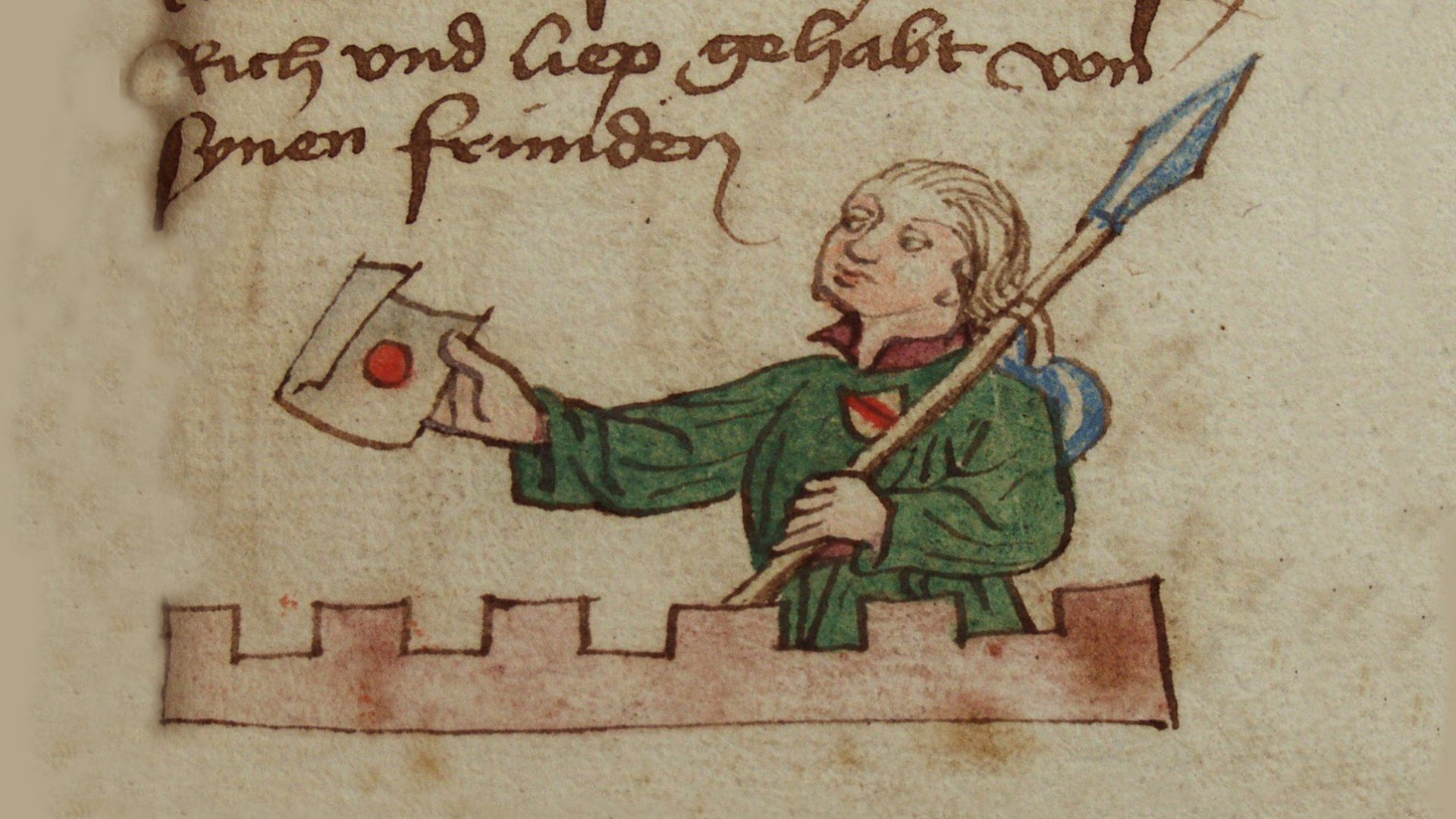 En teckning av en man som håller en lans i ena handen och ett brev i andra handen.