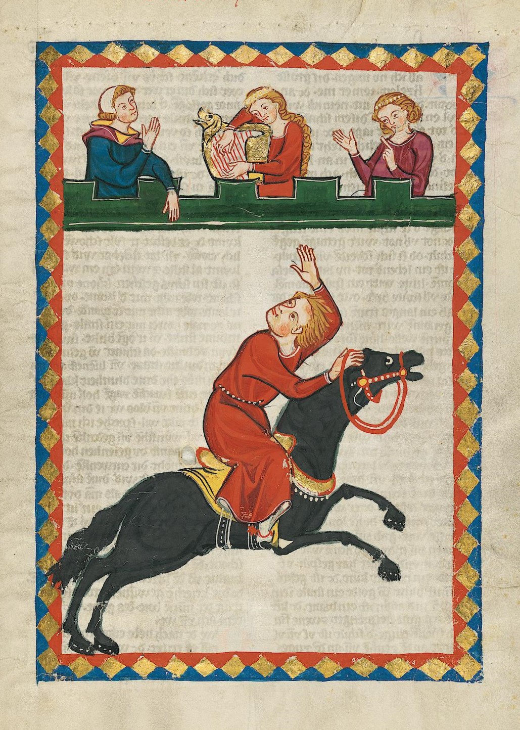 En färgglad teckning med fyra personer och en häst. 
