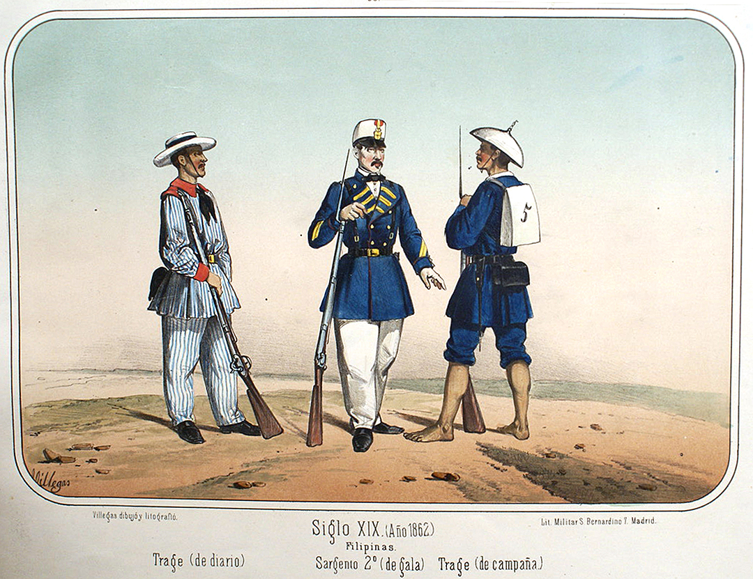 Teckning av tre män i militäruniformer. Mannen längst till höger bär en platt, rundad hatt med spets på mitten. En salakot.