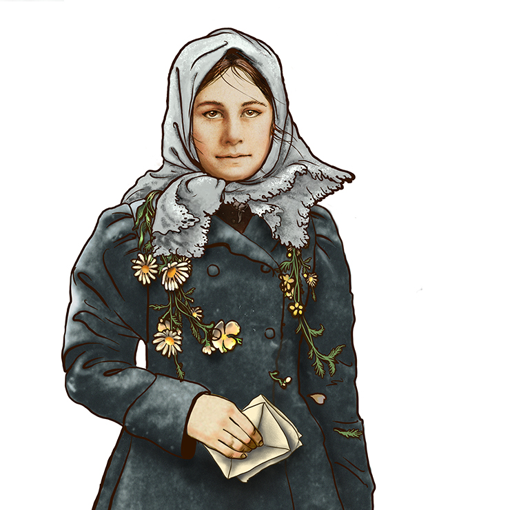 Teckning av flicka med sjalett och kappa.