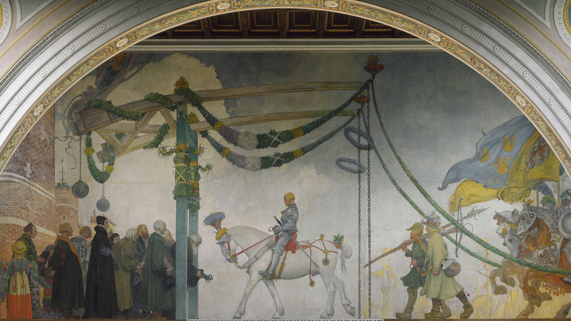 En väggmålning. I mitten en man på en vit häst. Runt honom står åskådare och ovanför hänger blommor och girlander.