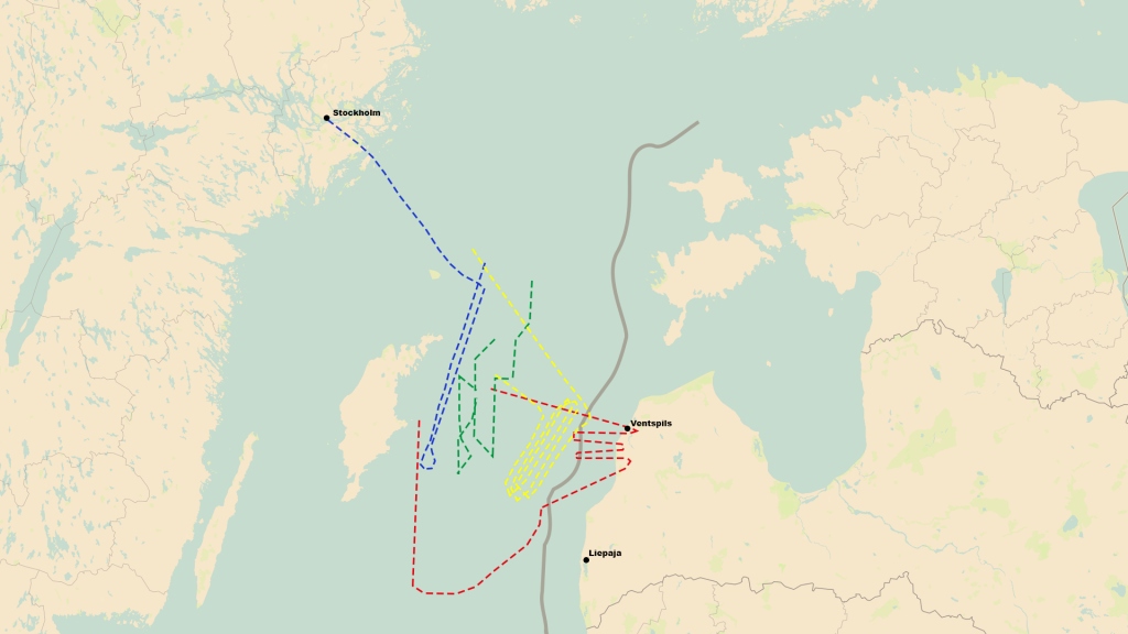 Karta med streckade banor i olika färger som visar alternativa flygvägar för DC3:an.