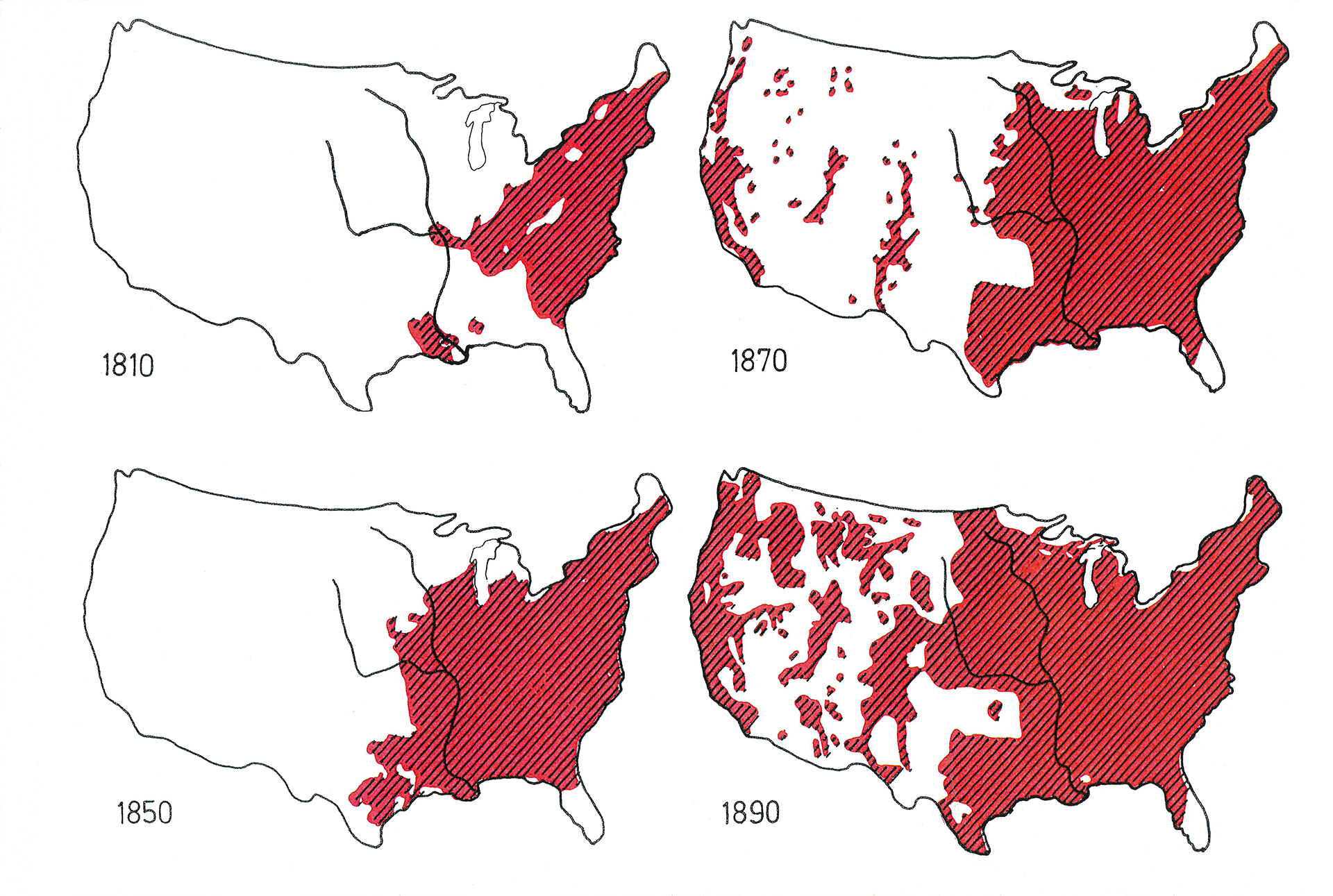 Fyra kartor över Amerika där olika stora områden är täckta med rött.