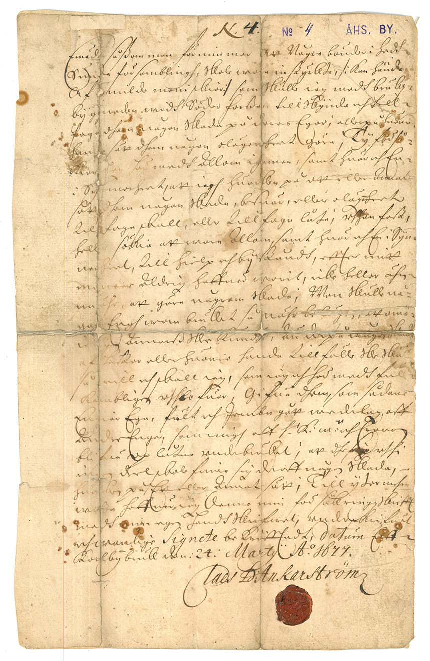 Ett gammalt handskrivet dokument med ett rött sigill längst ner.