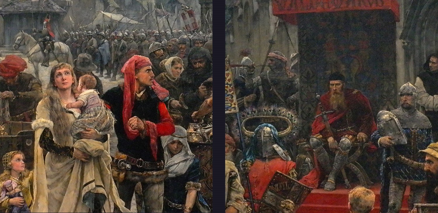 Utsnitt ur målningen, visande kung Atterdag och en man som titta ilsket på honom.