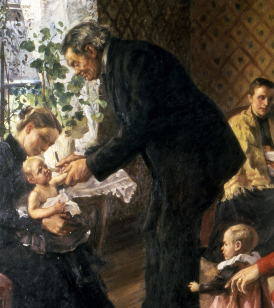 Detalj av en målning. En äldre man böjer sig över ett litet barn som sitter i en kvinnas knä. I handen håller mannen en kniv.