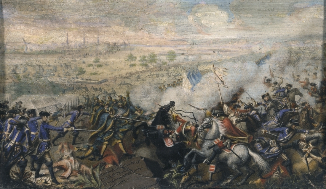 Målning som visar ett slagfält fullt av soldater som slåss i en dimma av krutrök.
