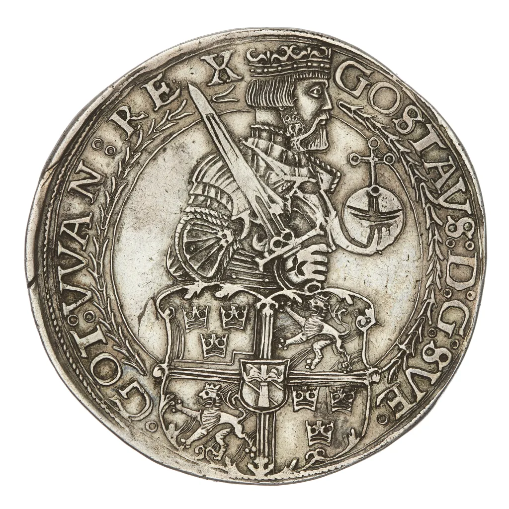 Ett silvermynt som visar Gustav Vasa i rustning och krona.