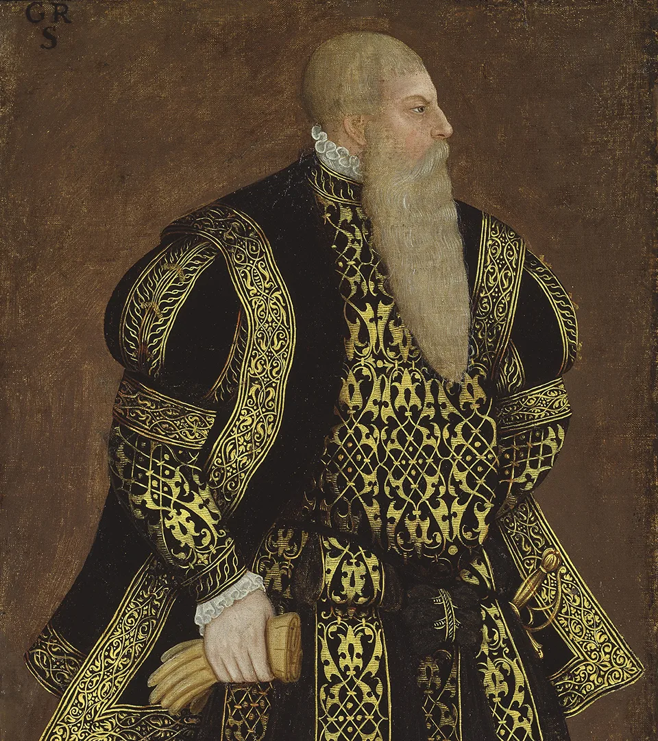 Målat porträtt av man från 1500-talet, med ljust hår och skägg och mörka, guldbroderade kläder.