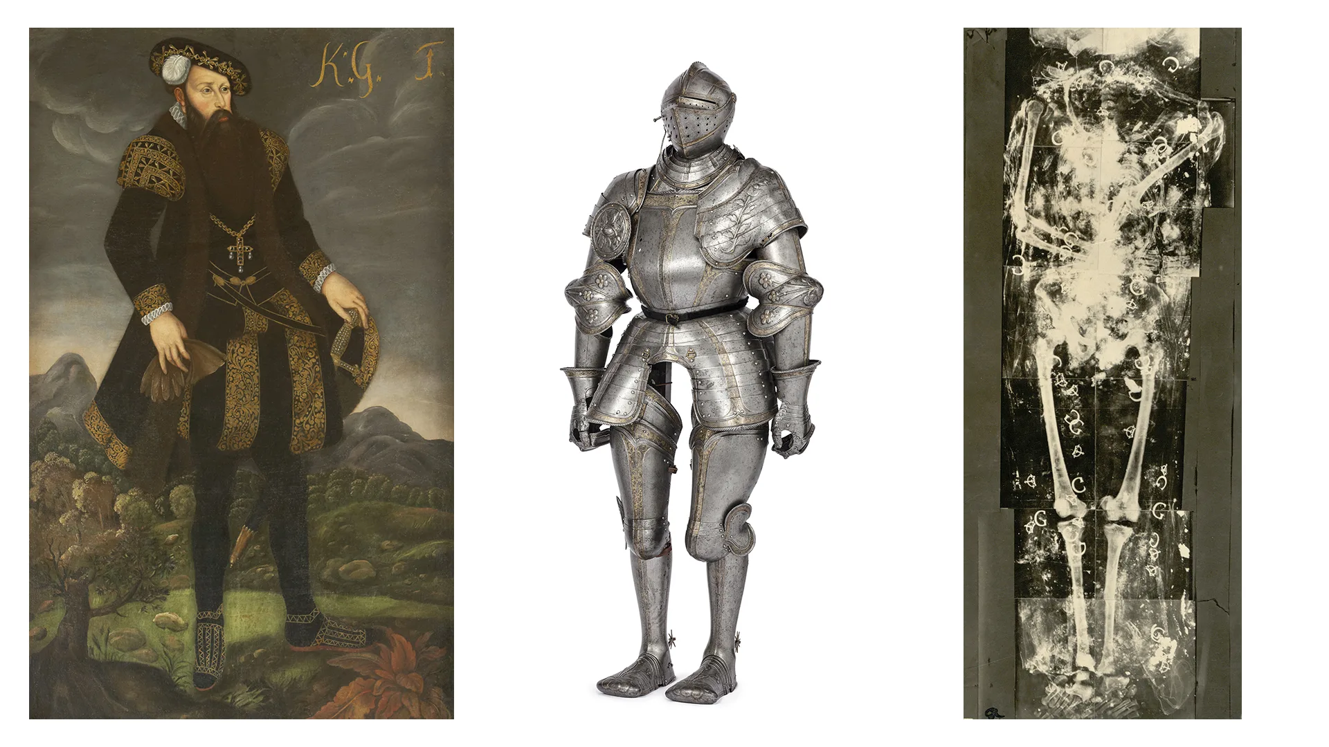 Collage med ett porträtt av Gustav Vasa, en rustning och en röntgenbild av ett skelett.